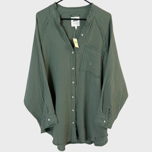 Aerie American Eagle Shirt Green Women's Medium Gauze Button-Up 100% Cotton NEW - Picture 1 of 14